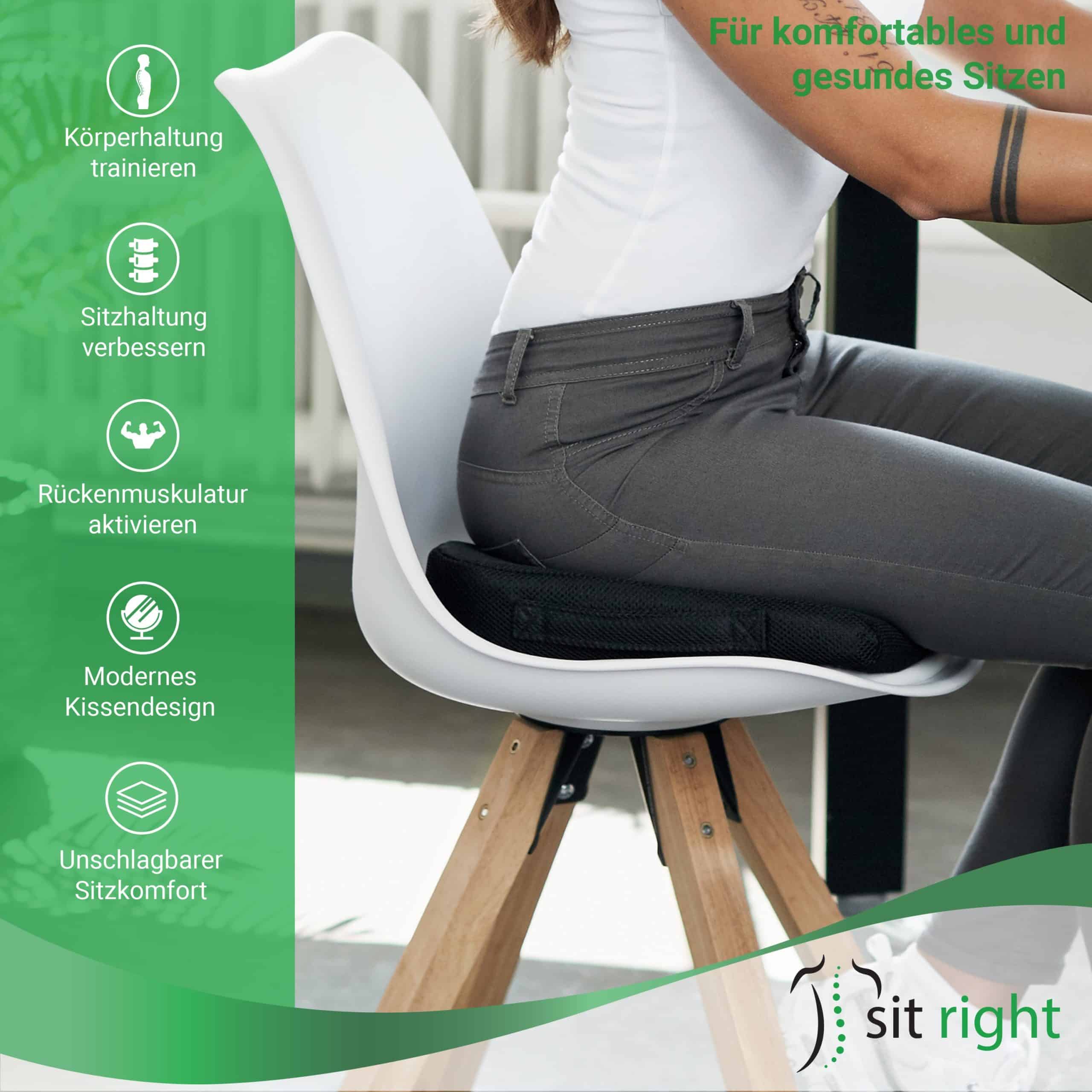 sit right Keilkissen - Sitzkissen für verbesserte Haltung - Hart - Sitzkeil  ideal als bequemes Stuhlkissen - Sitzerhöhung für Auto, Büro, Rollstuhl -  Extra groß - schwarz - bis 90kg Körpergewicht